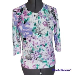 Christopher & Banks 3/4 Sleeve White Floral Button Up Cardigan Women's Size P/S